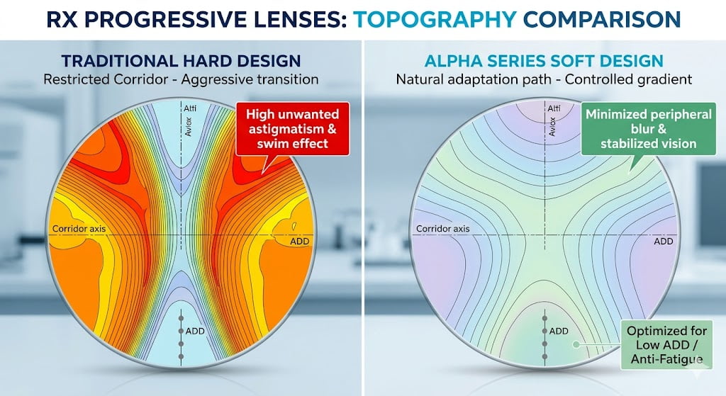 Alpha progressive lens design showing soft gradient zones optimized for first-time progressive wearers and anti-fatigue usage