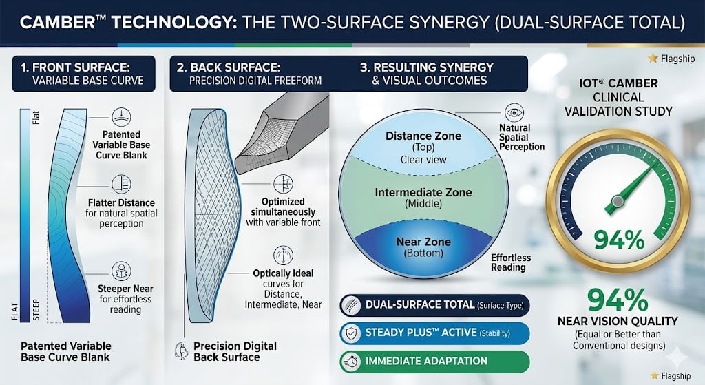Camber dual-surface progressive lens technology diagram showing variable base curve front and digital back surface interaction
