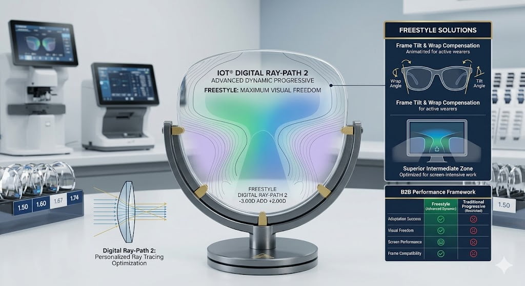 Freestyle progressive lens series designed for active modern wearers with wide visual corridor and IOT Digital Ray-Path 2 optimization