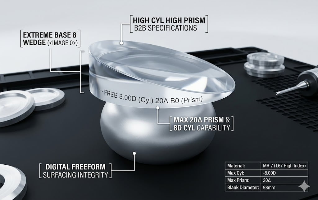 High cylinder and high prism freeform lens precision surfacing